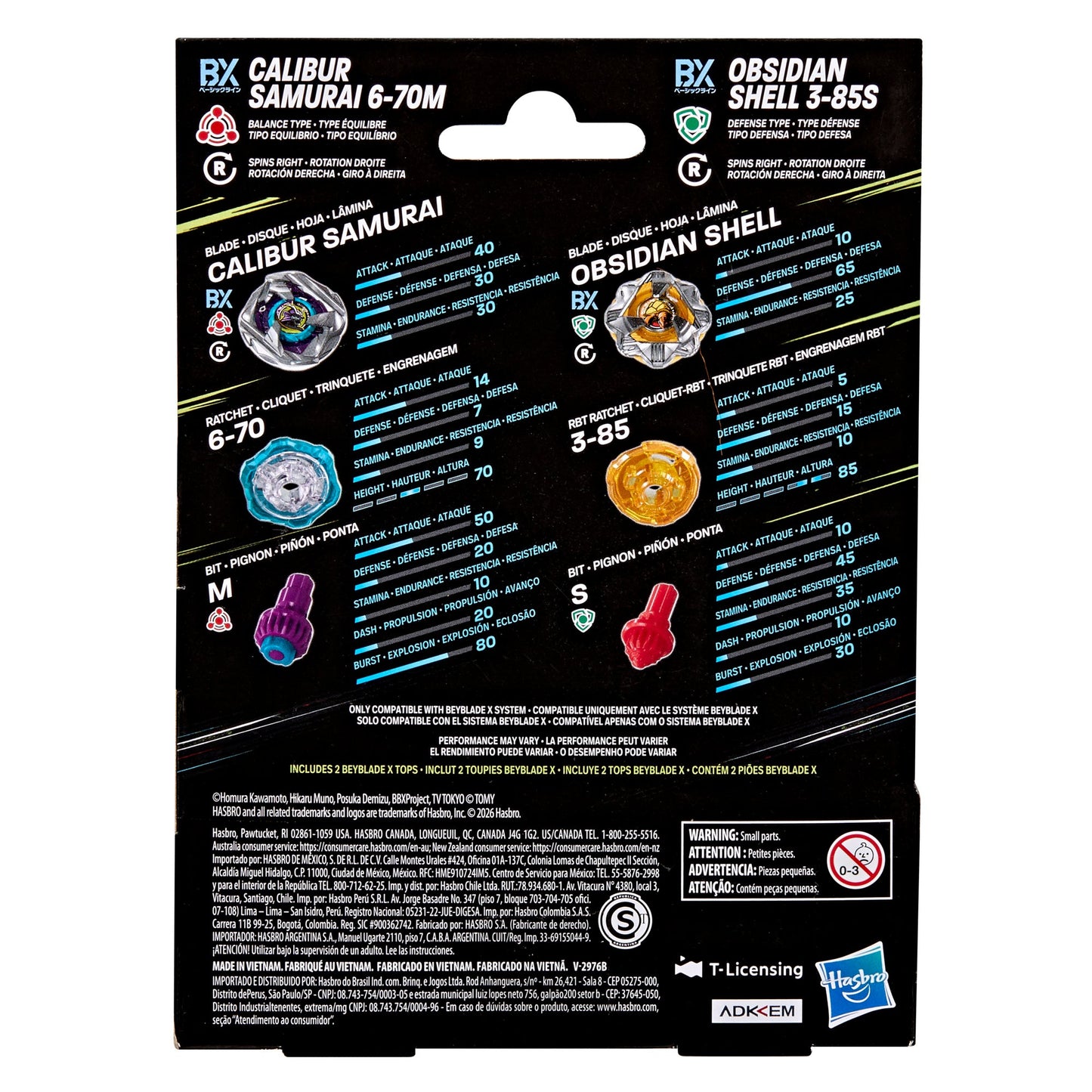 Beyblade X Calibur Samurai 6-70M BX & Obsidian Shell 3-85S BX Dual Pack Set